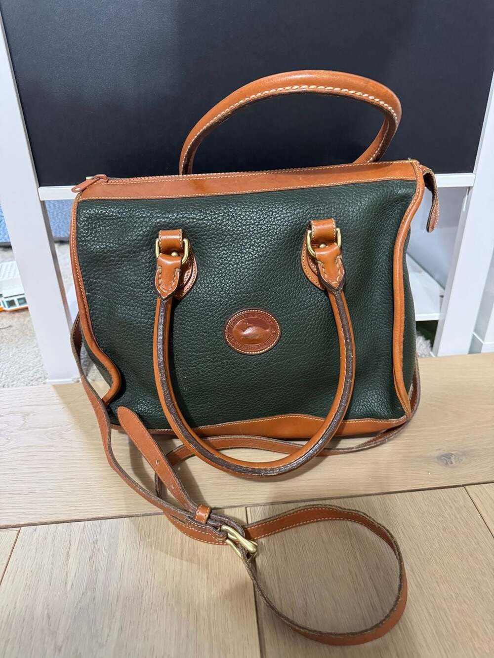 Vintage Dooney & Bourke All-Weather Leather Satchel Bag Green and Tan